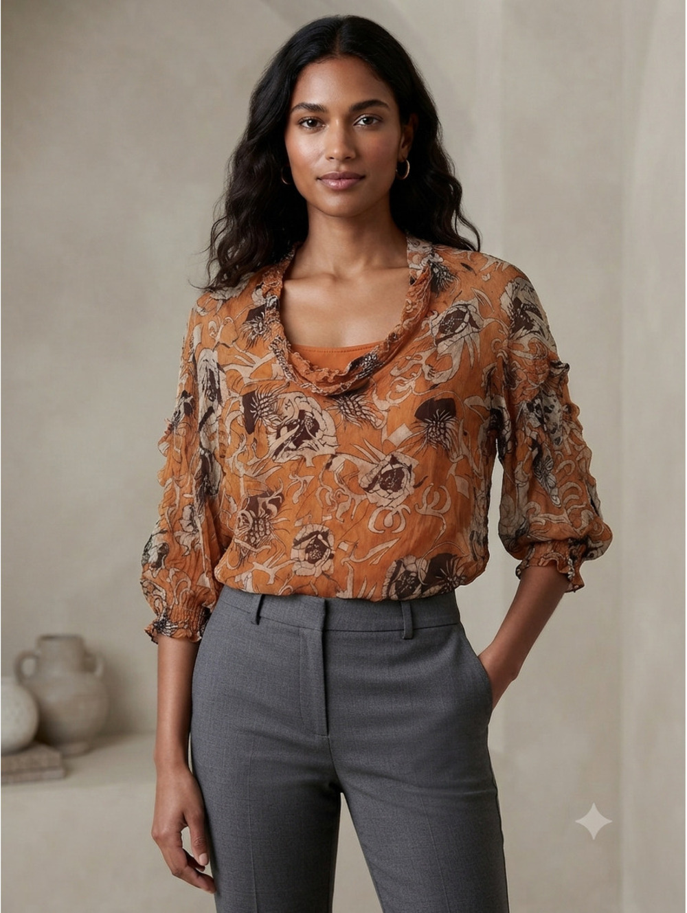 Sheer Floral Ruffled Blouse with Built-in‎ Camisole